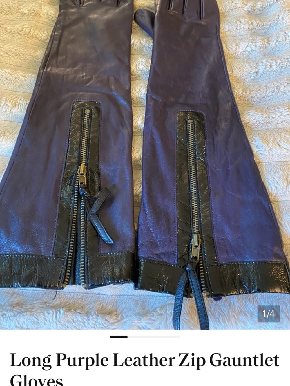 Genuine Leather Long Purple Leather Zip Gauntlet Gloves